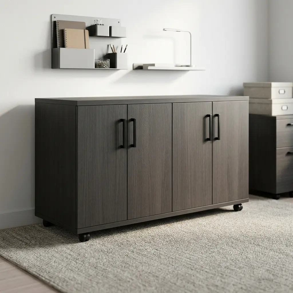 4-door wooden office cupboard featuring a dark charcoal grey wood grain finish, four hinged swing doors with sleek black vertical handles, a low-profile credenza silhouette, internal divided shelving units, and a mobile base equipped with heavy-duty caster wheels.