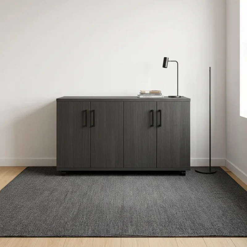 4-door wooden office cupboard featuring a dark charcoal grey wood grain finish, four hinged swing doors with sleek black vertical handles, a low-profile credenza silhouette, internal divided shelving units, and a mobile base equipped with heavy-duty caster wheels.