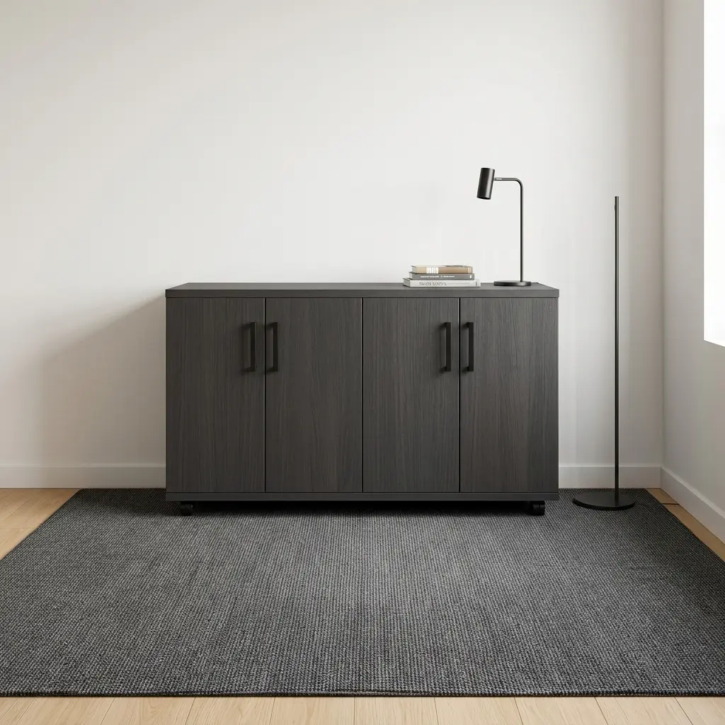 4-door wooden office cupboard featuring a dark charcoal grey wood grain finish, four hinged swing doors with sleek black vertical handles, a low-profile credenza silhouette, internal divided shelving units, and a mobile base equipped with heavy-duty caster wheels.