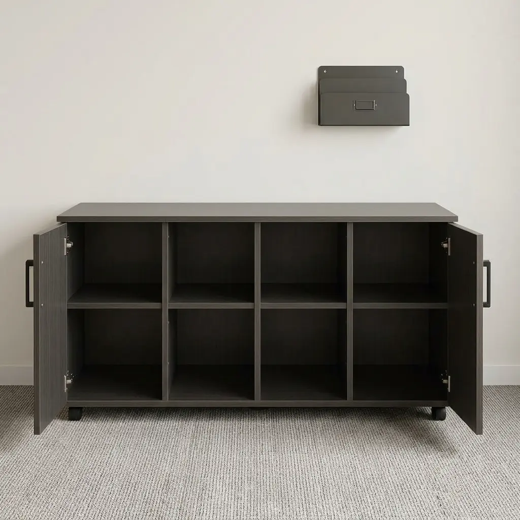 4-door wooden office cupboard featuring a dark charcoal grey wood grain finish, four hinged swing doors with sleek black vertical handles, a low-profile credenza silhouette, internal divided shelving units, and a mobile base equipped with heavy-duty caster wheels.