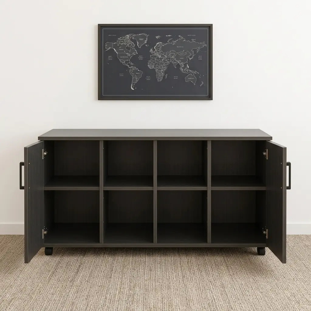 4-door wooden office cupboard featuring a dark charcoal grey wood grain finish, four hinged swing doors with sleek black vertical handles, a low-profile credenza silhouette, internal divided shelving units, and a mobile base equipped with heavy-duty caster wheels.