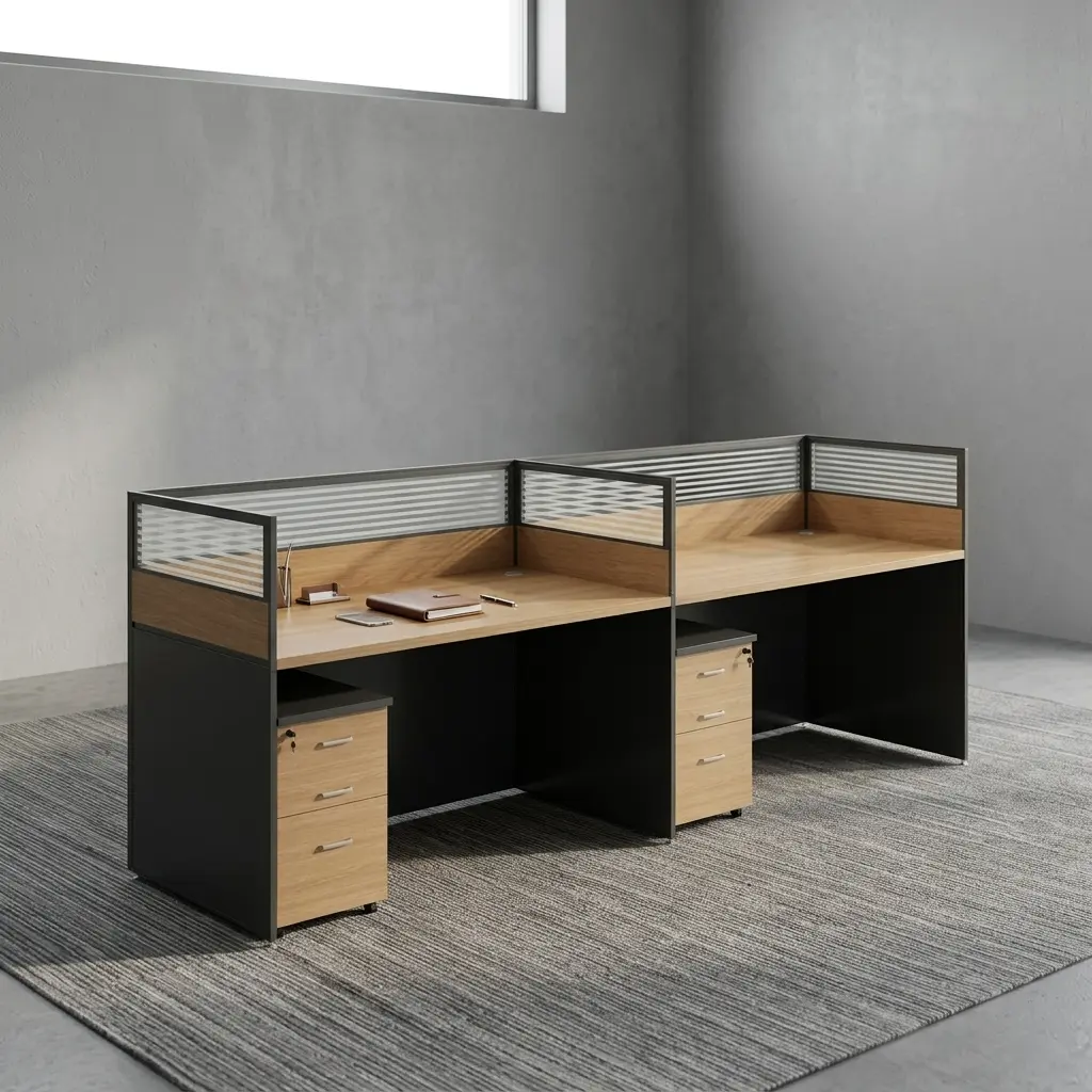 Straight 2-way workstation featuring a side-by-side dual desk layout, natural light wood tabletop laminate finish, dark grey contrast modesty and side panels, frosted glass top partition dividers, integrated cable management ports, and two matching lockable 3-drawer pedestals.