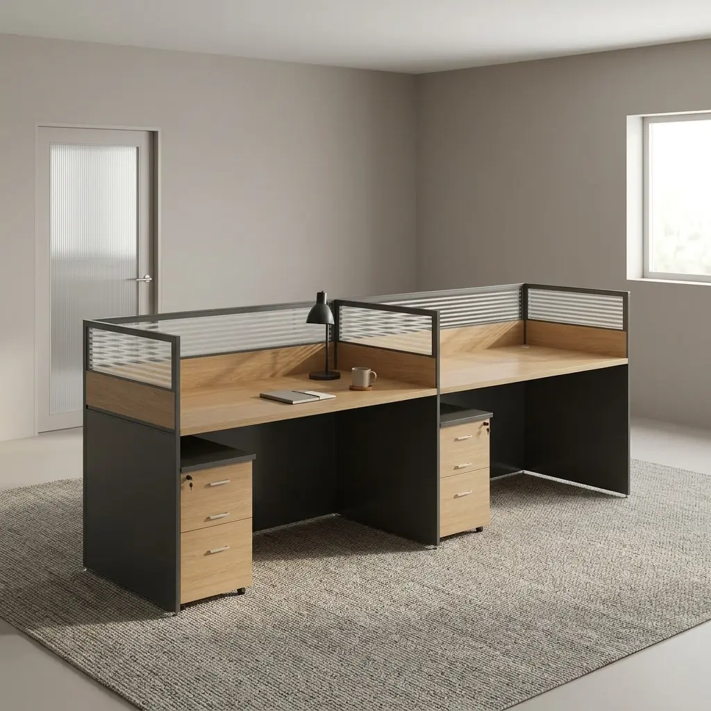 Straight 2-way workstation featuring a side-by-side dual desk layout, natural light wood tabletop laminate finish, dark grey contrast modesty and side panels, frosted glass top partition dividers, integrated cable management ports, and two matching lockable 3-drawer pedestals.
