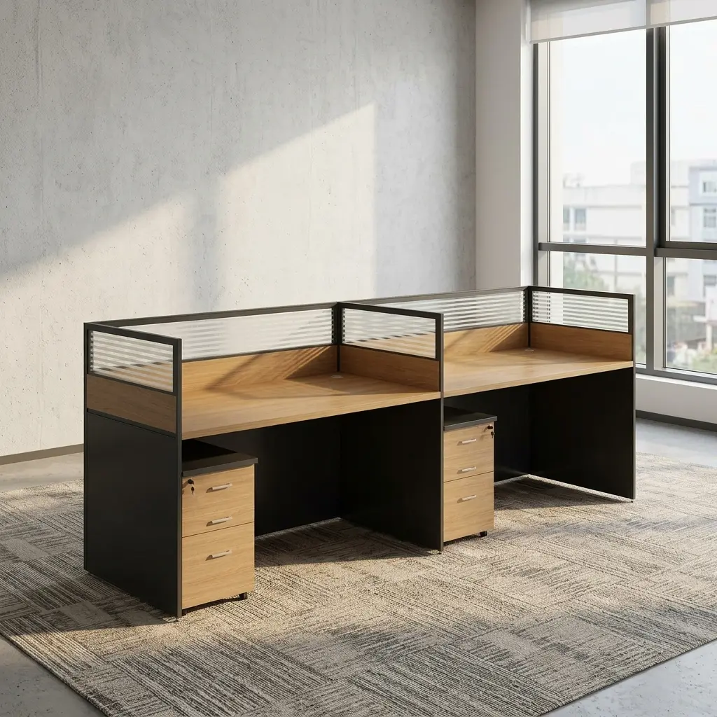 Straight 2-way workstation featuring a side-by-side dual desk layout, natural light wood tabletop laminate finish, dark grey contrast modesty and side panels, frosted glass top partition dividers, integrated cable management ports, and two matching lockable 3-drawer pedestals.