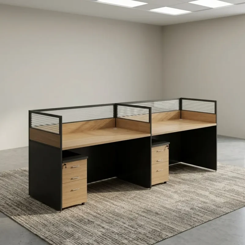 Straight 2-way workstation featuring a side-by-side dual desk layout, natural light wood tabletop laminate finish, dark grey contrast modesty and side panels, frosted glass top partition dividers, integrated cable management ports, and two matching lockable 3-drawer pedestals.
