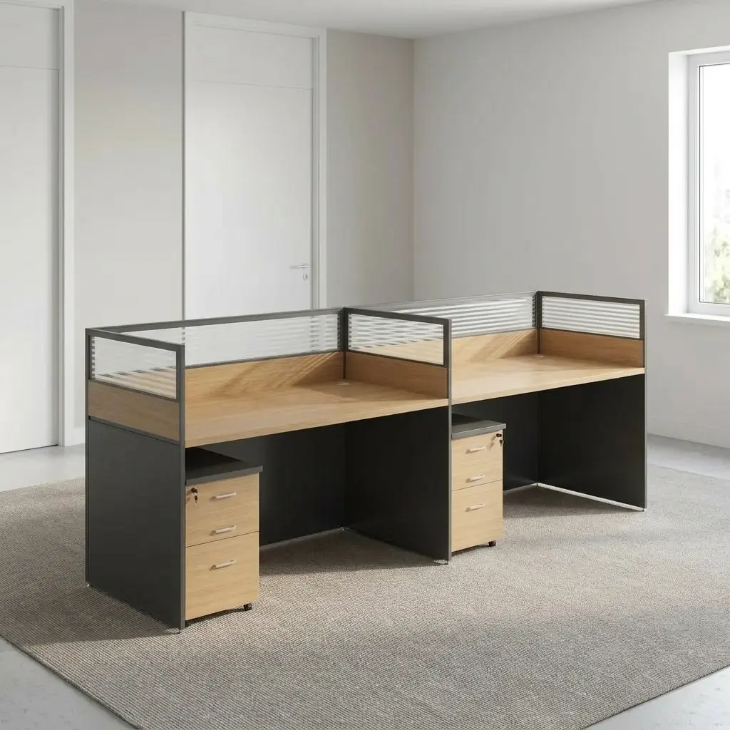 Straight 2-way workstation featuring a side-by-side dual desk layout, natural light wood tabletop laminate finish, dark grey contrast modesty and side panels, frosted glass top partition dividers, integrated cable management ports, and two matching lockable 3-drawer pedestals.