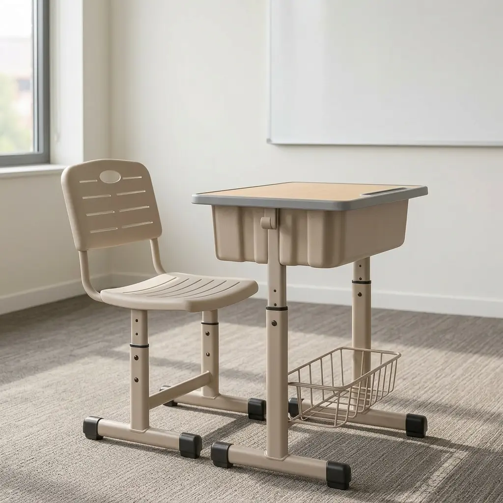 Adjustable children's study set featuring a beige desk and chair combination, height-adjustable metal frames, a ventilated molded plastic seat back, a spacious under-desk storage tub, a lower wire basket shelf, and anti-slip floor caps.