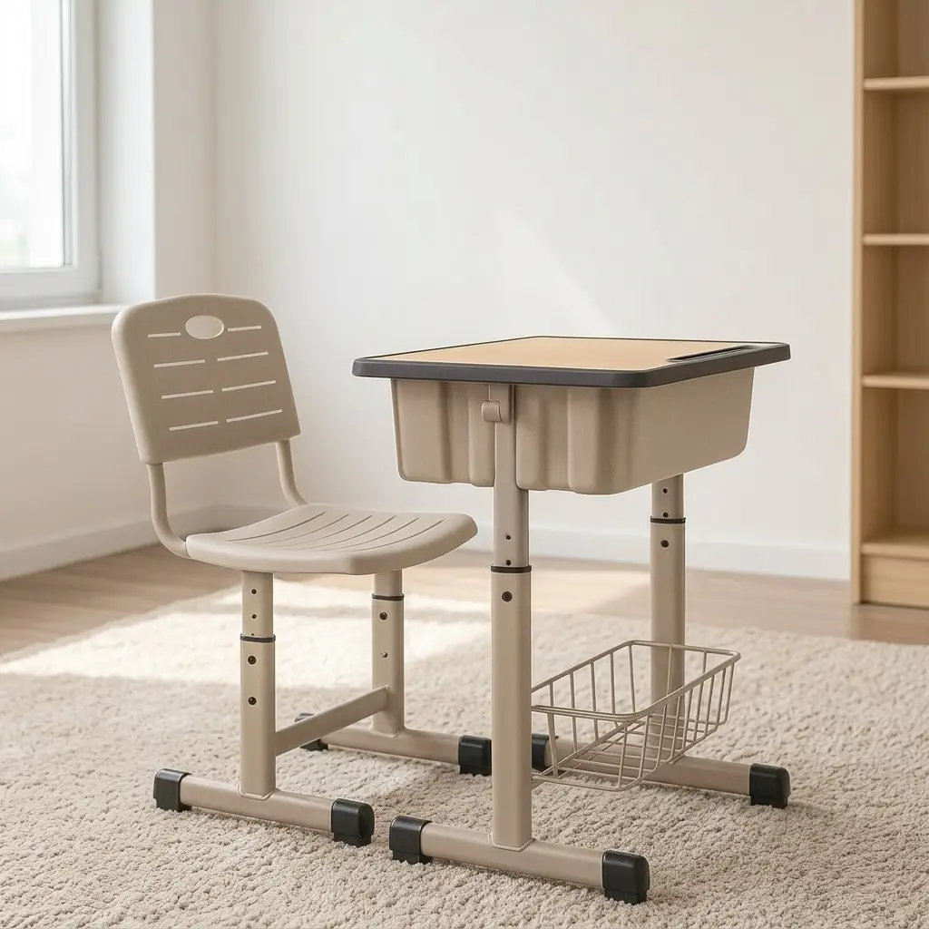 Adjustable children's study set featuring a beige desk and chair combination, height-adjustable metal frames, a ventilated molded plastic seat back, a spacious under-desk storage tub, a lower wire basket shelf, and anti-slip floor caps.