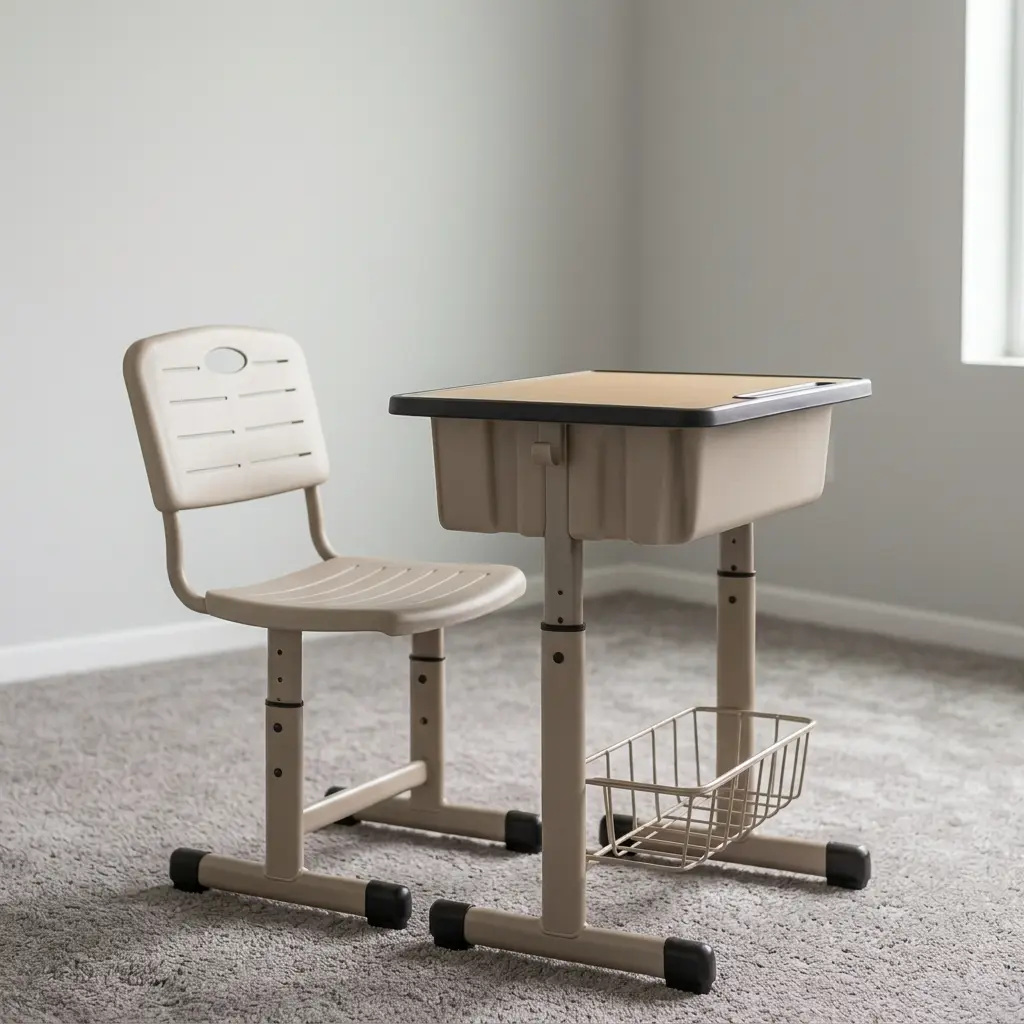 Adjustable children's study set featuring a beige desk and chair combination, height-adjustable metal frames, a ventilated molded plastic seat back, a spacious under-desk storage tub, a lower wire basket shelf, and anti-slip floor caps.