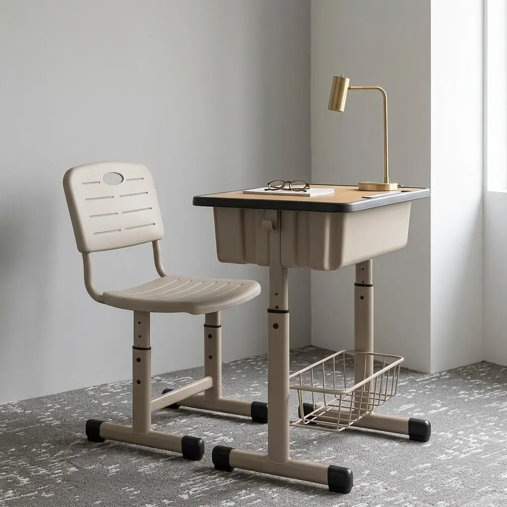 Adjustable children's study set featuring a beige desk and chair combination, height-adjustable metal frames, a ventilated molded plastic seat back, a spacious under-desk storage tub, a lower wire basket shelf, and anti-slip floor caps.
