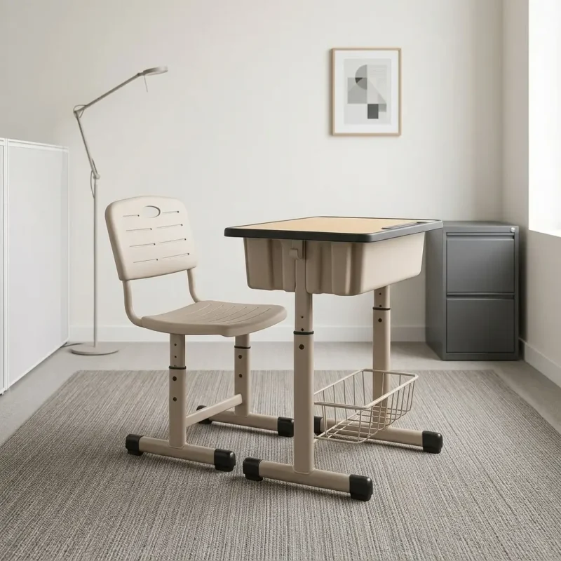 Adjustable children's study set featuring a beige desk and chair combination, height-adjustable metal frames, a ventilated molded plastic seat back, a spacious under-desk storage tub, a lower wire basket shelf, and anti-slip floor caps.