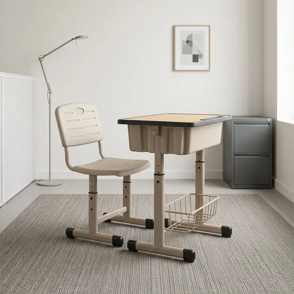 Adjustable children's study set featuring a beige desk and chair combination, height-adjustable metal frames, a ventilated molded plastic seat back, a spacious under-desk storage tub, a lower wire basket shelf, and anti-slip floor caps.