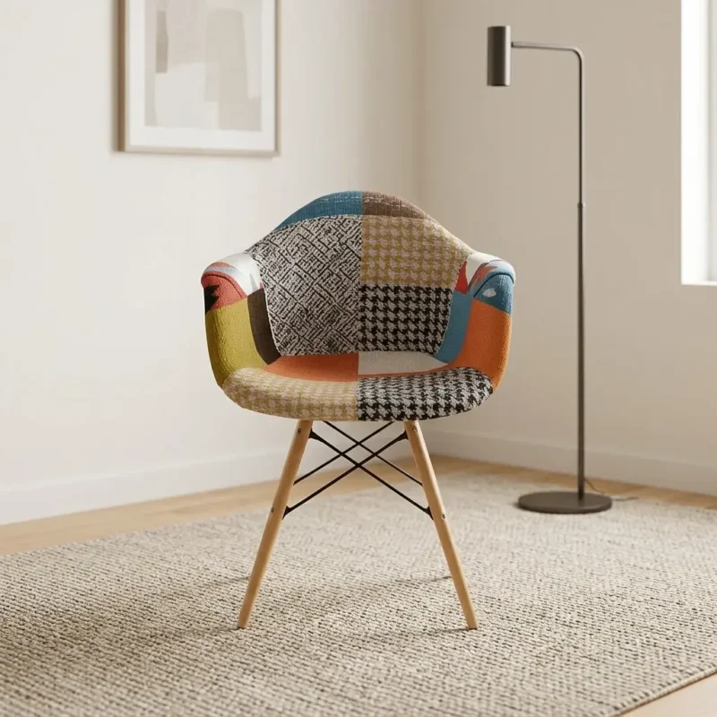 Multicolored patchwork eames chair featuring vibrant fabric upholstery with mixed houndstooth and geometric patterns, a molded bucket seat with integrated armrests, solid natural wood Eiffel legs, and black wire cross-bracing.