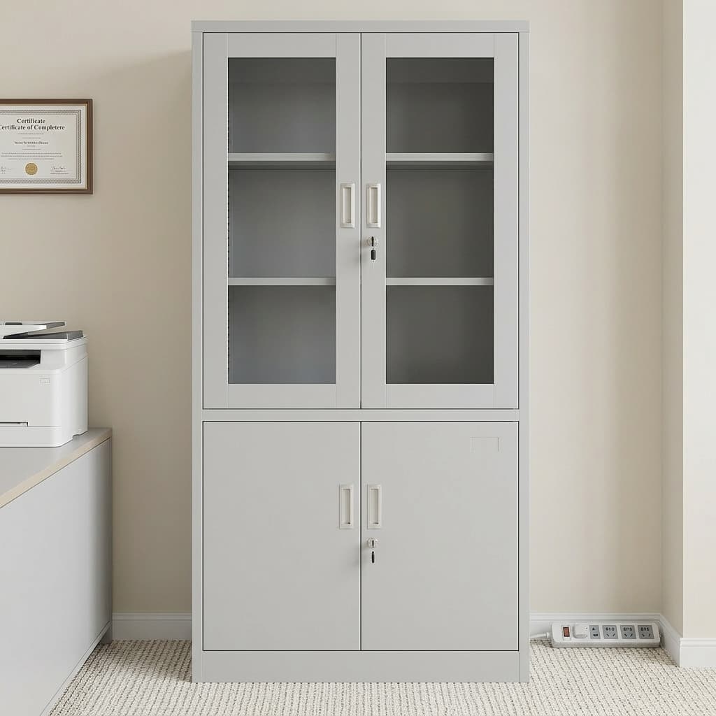 Two door metallic office filing cabinet featuring a durable light grey powder-coated steel frame, upper dual glass display doors with internal shelving, lower dual solid metal storage doors, integrated recessed handles, and double key lock mechanisms.