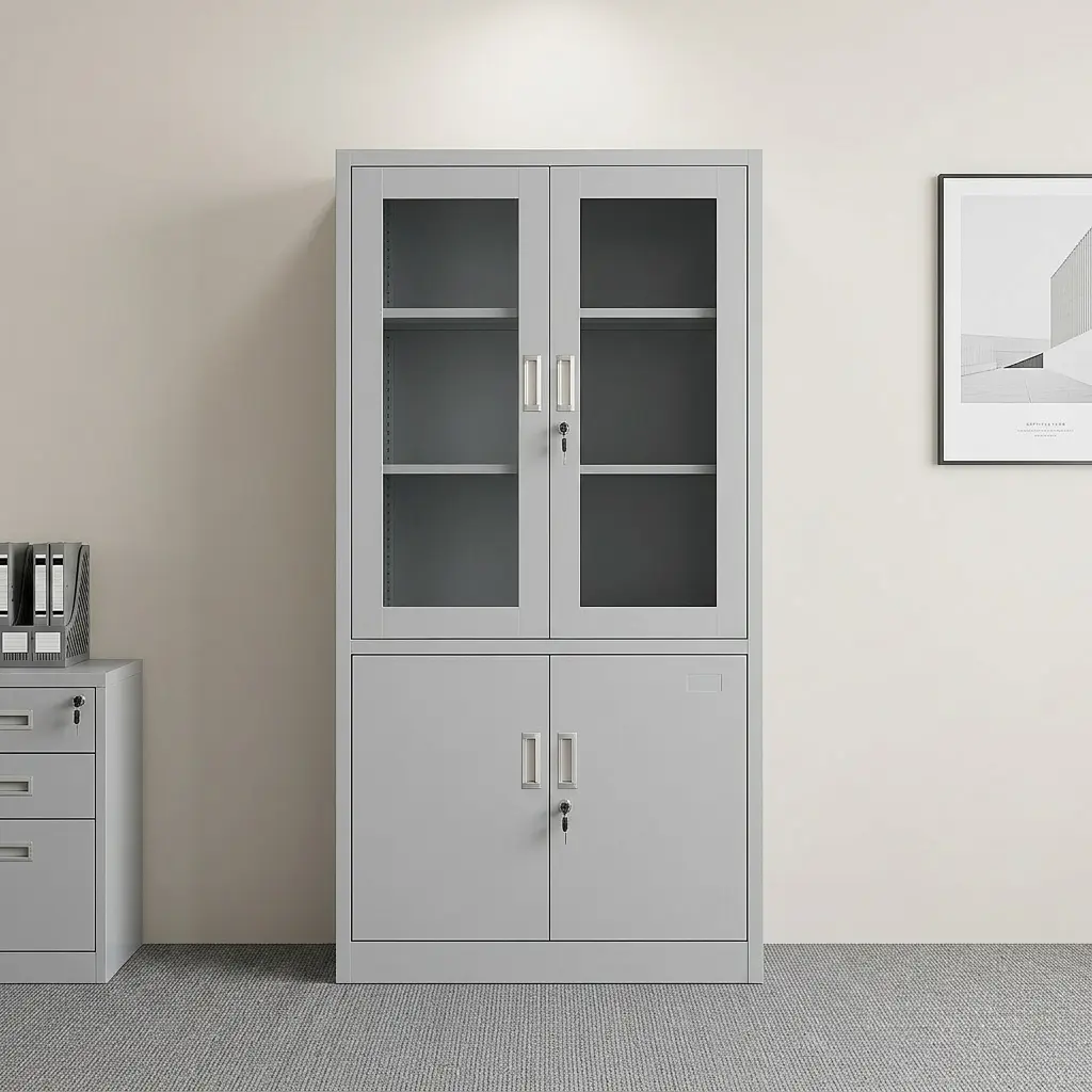 Two door metallic office filing cabinet featuring a durable light grey powder-coated steel frame, upper dual glass display doors with internal shelving, lower dual solid metal storage doors, integrated recessed handles, and double key lock mechanisms.