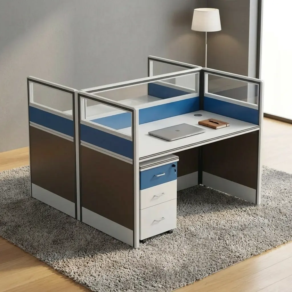 Modern 2-seater office workstation featuring face-to-face dual desk pods, integrated tri-color partition panels with clear top glass, blue fabric accent strips, dark grey privacy bases, built-in cable grommets, and two matching mobile lockable pedestal drawers.