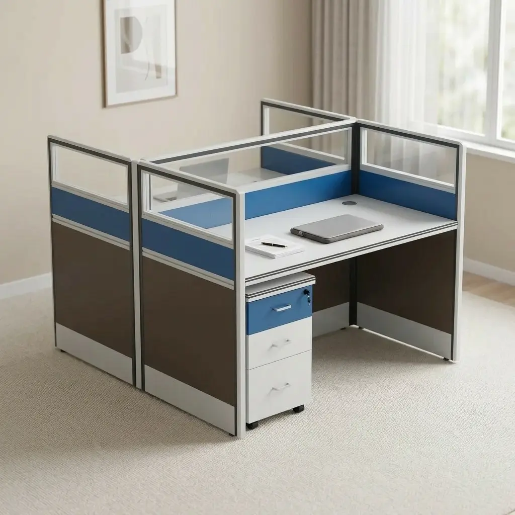 Modern 2-seater office workstation featuring face-to-face dual desk pods, integrated tri-color partition panels with clear top glass, blue fabric accent strips, dark grey privacy bases, built-in cable grommets, and two matching mobile lockable pedestal drawers.