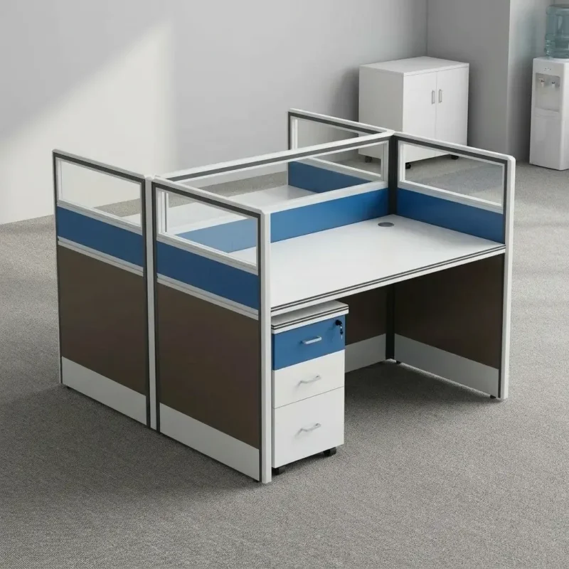 Modern 2-seater office workstation featuring face-to-face dual desk pods, integrated tri-color partition panels with clear top glass, blue fabric accent strips, dark grey privacy bases, built-in cable grommets, and two matching mobile lockable pedestal drawers.