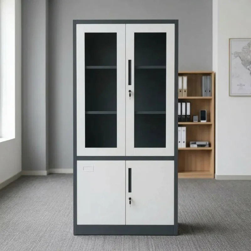 Two door steel filing cabinet featuring a two-tone dark grey frame with white doors, upper glass-panel display doors with interior shelving, lower solid steel doors for concealed storage, long recessed vertical handles, and key locks on both sections.