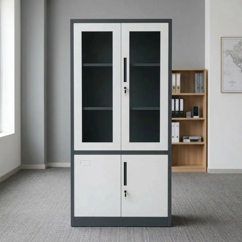 Two door steel filing cabinet featuring a two-tone dark grey frame with white doors, upper glass-panel display doors with interior shelving, lower solid steel doors for concealed storage, long recessed vertical handles, and key locks on both sections.