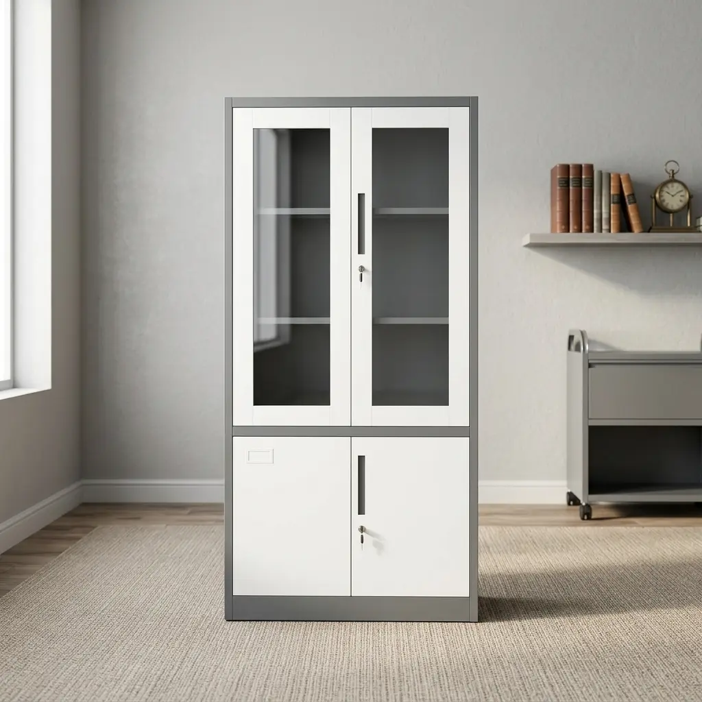 Two door steel filing cabinet featuring a two-tone dark grey frame with white doors, upper glass-panel display doors with interior shelving, lower solid steel doors for concealed storage, long recessed vertical handles, and key locks on both sections.