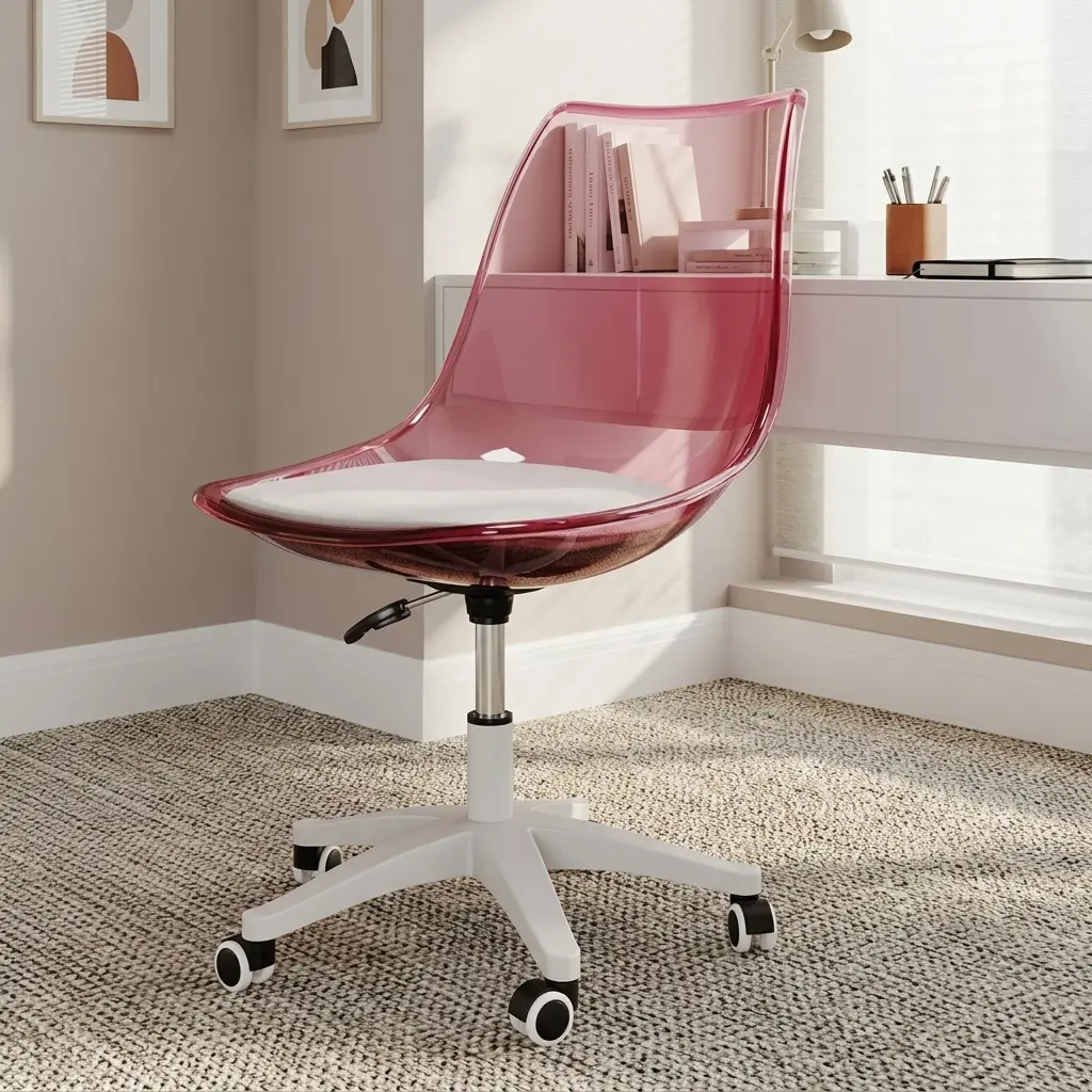 Swivel transparent eames chair featuring a translucent rose-pink molded acrylic shell, a padded white seat cushion, height adjustment lever, and a sturdy white five-star swivel base with smooth-rolling caster wheels.