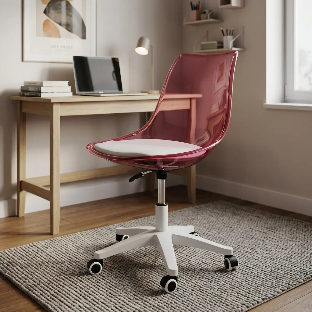 Swivel transparent eames chair featuring a translucent rose-pink molded acrylic shell, a padded white seat cushion, height adjustment lever, and a sturdy white five-star swivel base with smooth-rolling caster wheels.