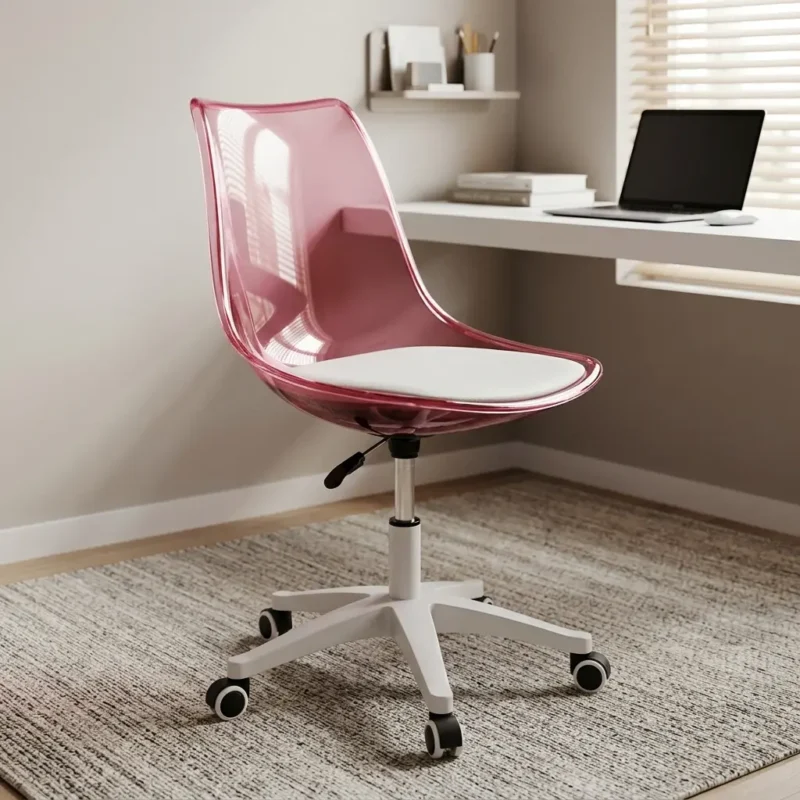 Swivel transparent eames chair featuring a translucent rose-pink molded acrylic shell, a padded white seat cushion, height adjustment lever, and a sturdy white five-star swivel base with smooth-rolling caster wheels.
