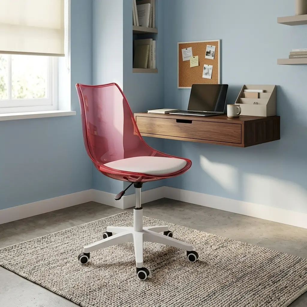 Swivel transparent eames chair featuring a translucent rose-pink molded acrylic shell, a padded white seat cushion, height adjustment lever, and a sturdy white five-star swivel base with smooth-rolling caster wheels.