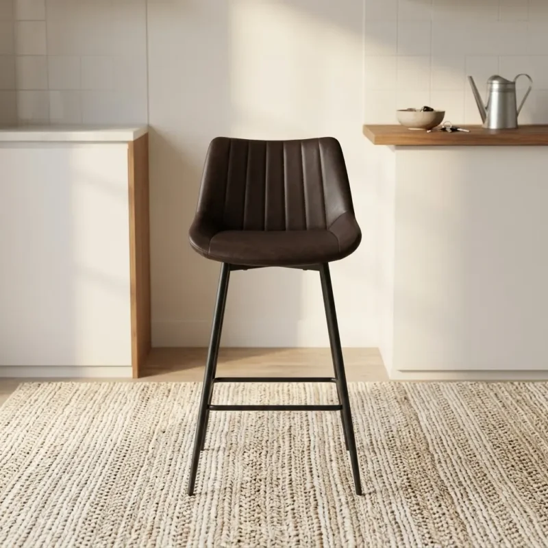 Leather kitchen bar stool featuring rich dark brown faux leather upholstery with vertical channel stitching, a low-profile contoured backrest, and slim, tapered matte black metal legs with an integrated footrest frame.