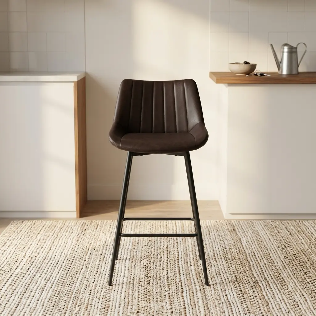 Leather kitchen bar stool featuring rich dark brown faux leather upholstery with vertical channel stitching, a low-profile contoured backrest, and slim, tapered matte black metal legs with an integrated footrest frame.