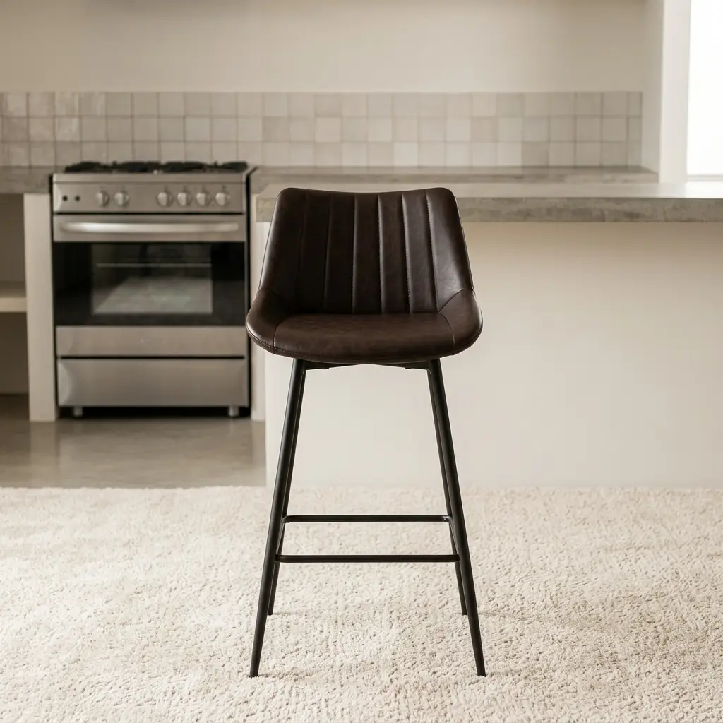 Leather kitchen bar stool featuring rich dark brown faux leather upholstery with vertical channel stitching, a low-profile contoured backrest, and slim, tapered matte black metal legs with an integrated footrest frame.