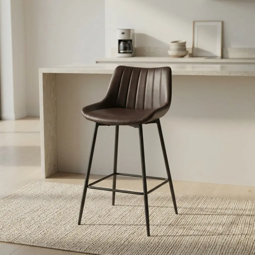 Leather kitchen bar stool featuring rich dark brown faux leather upholstery with vertical channel stitching, a low-profile contoured backrest, and slim, tapered matte black metal legs with an integrated footrest frame.
