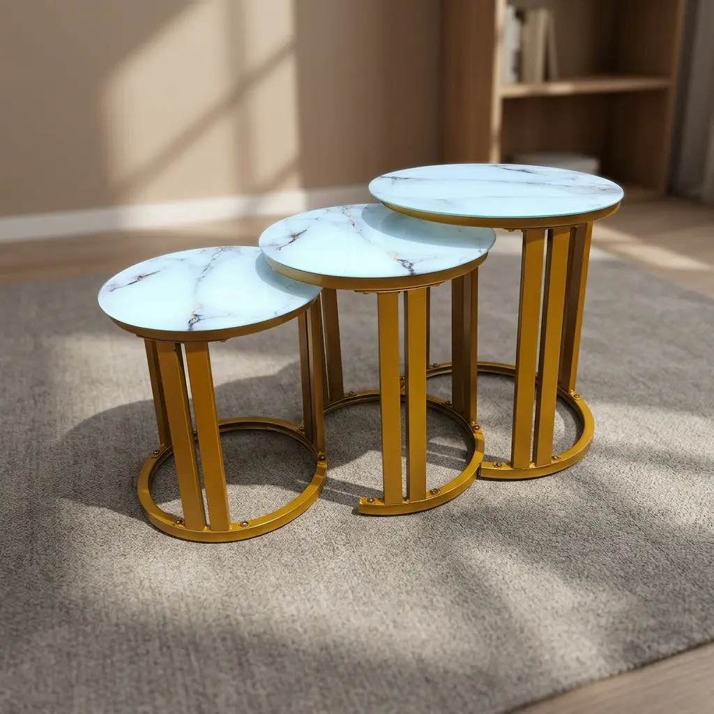 Marble top nest stools featuring a 3-piece set with white faux marble circular tops, distinctive dark veining details, and elegant metallic gold-finished metal frames with open semi-circular base supports.