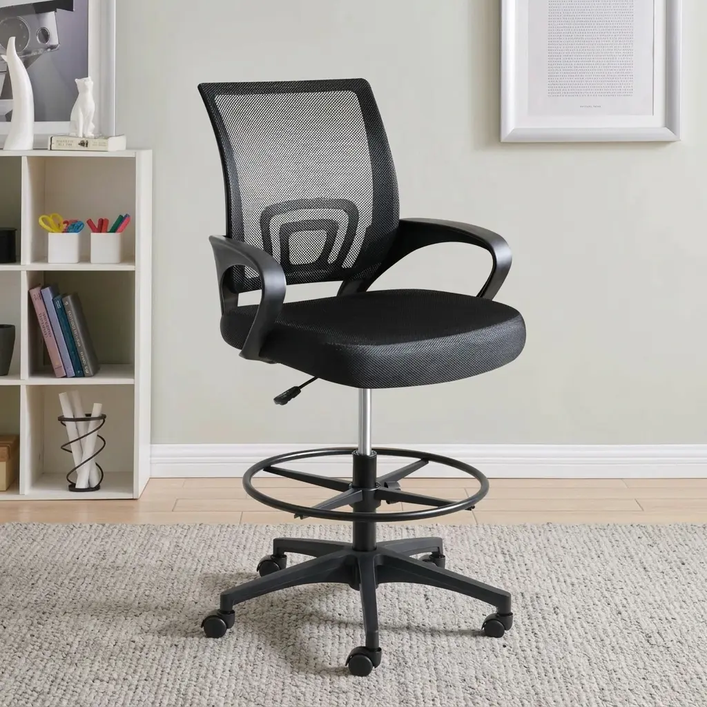 Mid-back cashier chair featuring a breathable black mesh backrest with built-in lower lumbar support, a padded fabric seat cushion, curved fixed armrests, a height adjustment lever, an adjustable circular chrome foot ring, and a five-star nylon swivel base with caster wheels.