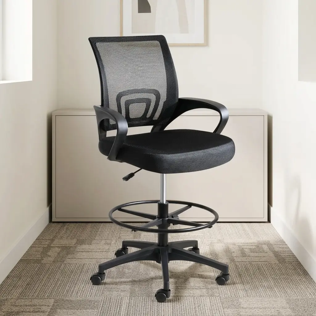 Mid-back cashier chair featuring a breathable black mesh backrest with built-in lower lumbar support, a padded fabric seat cushion, curved fixed armrests, a height adjustment lever, an adjustable circular chrome foot ring, and a five-star nylon swivel base with caster wheels.