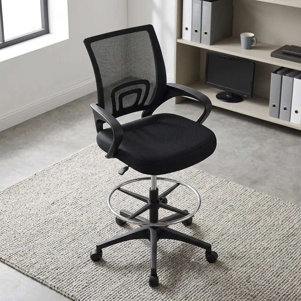Mid-back cashier chair featuring a breathable black mesh backrest with built-in lower lumbar support, a padded fabric seat cushion, curved fixed armrests, a height adjustment lever, an adjustable circular chrome foot ring, and a five-star nylon swivel base with caster wheels.