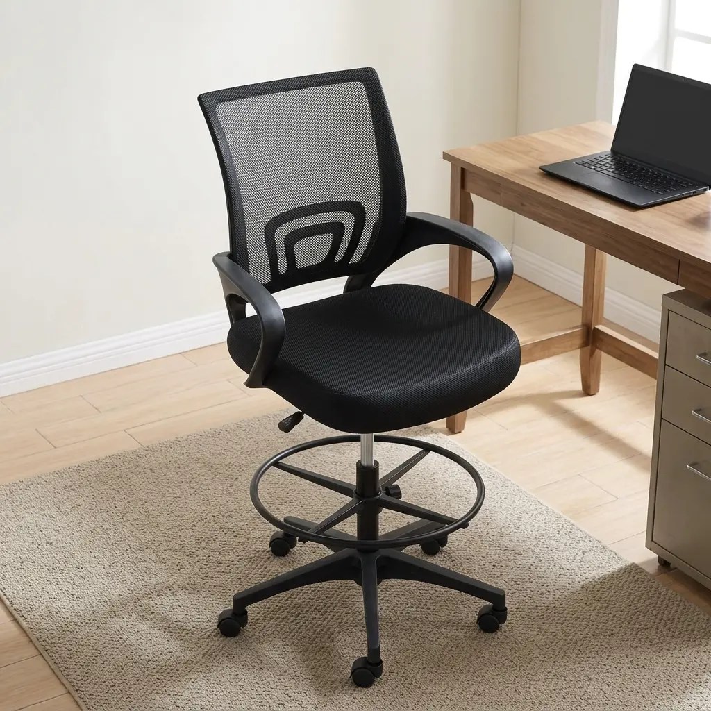 Mid-back cashier chair featuring a breathable black mesh backrest with built-in lower lumbar support, a padded fabric seat cushion, curved fixed armrests, a height adjustment lever, an adjustable circular chrome foot ring, and a five-star nylon swivel base with caster wheels.