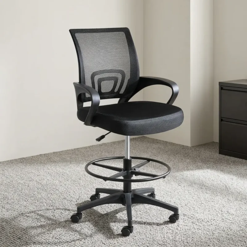 Mid-back cashier chair featuring a breathable black mesh backrest with built-in lower lumbar support, a padded fabric seat cushion, curved fixed armrests, a height adjustment lever, an adjustable circular chrome foot ring, and a five-star nylon swivel base with caster wheels.