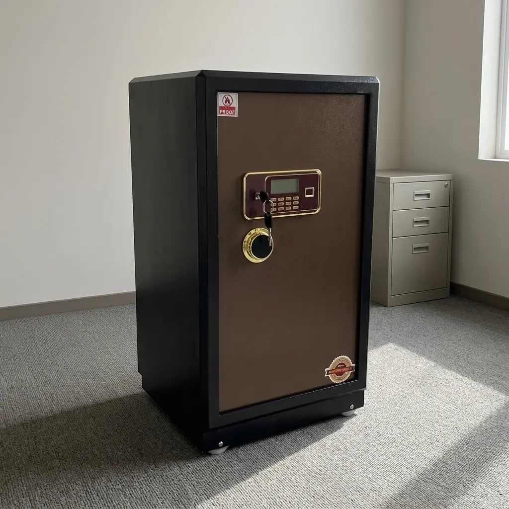 Fireproof 80kg safe box featuring a heavy-duty dual-tone steel body in dark charcoal and bronze-brown, a digital keypad with biometric fingerprint scanner, key lock overrides, solid live-locking door bolts, an internal lockable compartment, and integrated caster wheels.