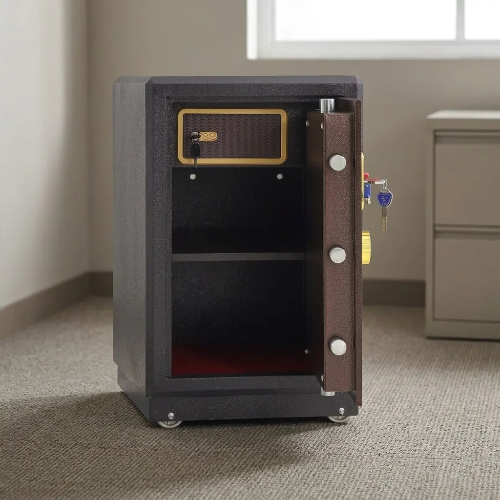 Fireproof 80kg safe box featuring a heavy-duty dual-tone steel body in dark charcoal and bronze-brown, a digital keypad with biometric fingerprint scanner, key lock overrides, solid live-locking door bolts, an internal lockable compartment, and integrated caster wheels.