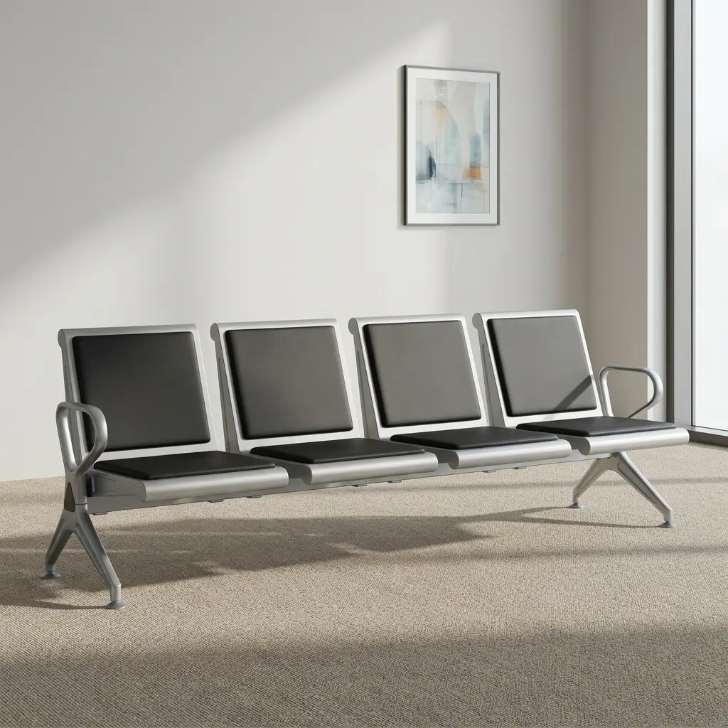 Four-seater waiting bench featuring four contoured seats with black padded faux leather cushions, a silver powder-coated metal frame, curved metallic armrests, and a heavy-duty beam structure supported by angled metal legs.