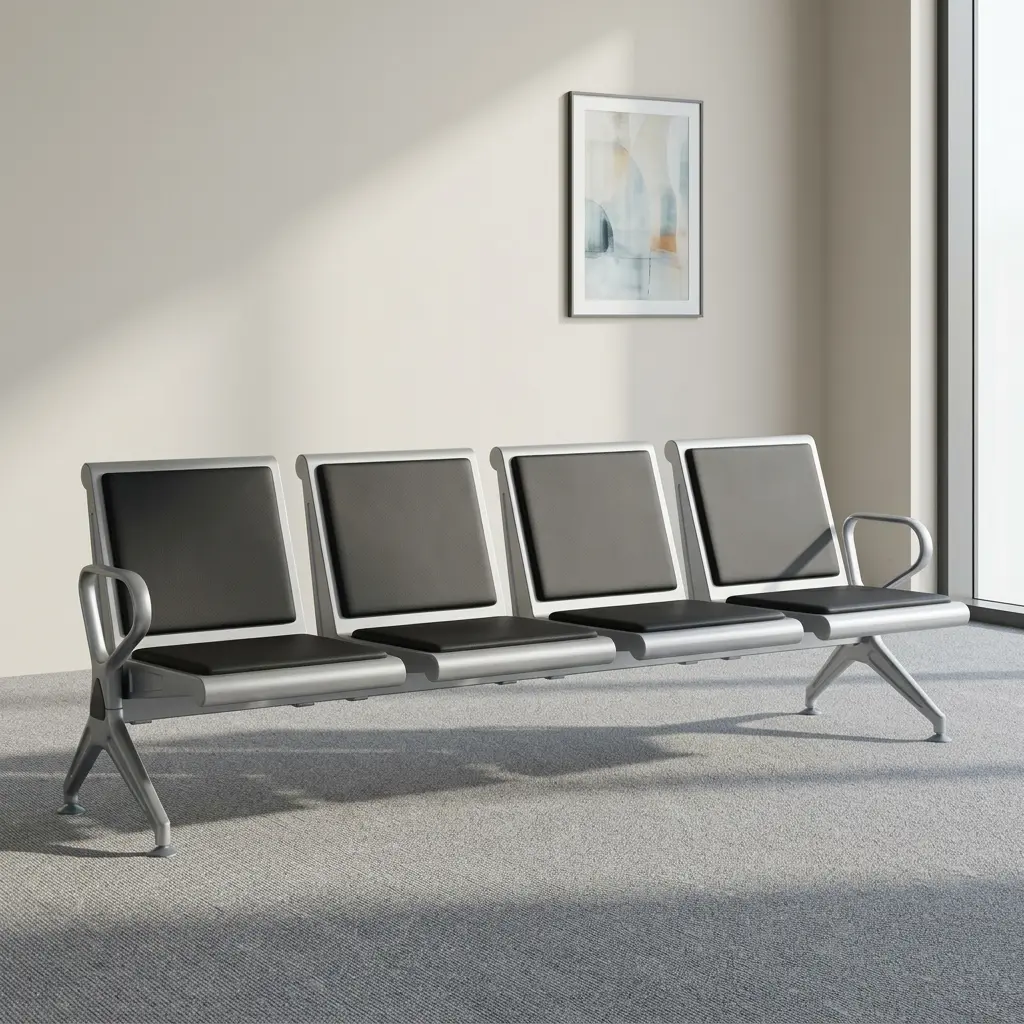 Four-seater waiting bench featuring four contoured seats with black padded faux leather cushions, a silver powder-coated metal frame, curved metallic armrests, and a heavy-duty beam structure supported by angled metal legs.
