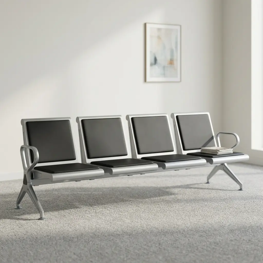 Four-seater waiting bench featuring four contoured seats with black padded faux leather cushions, a silver powder-coated metal frame, curved metallic armrests, and a heavy-duty beam structure supported by angled metal legs.