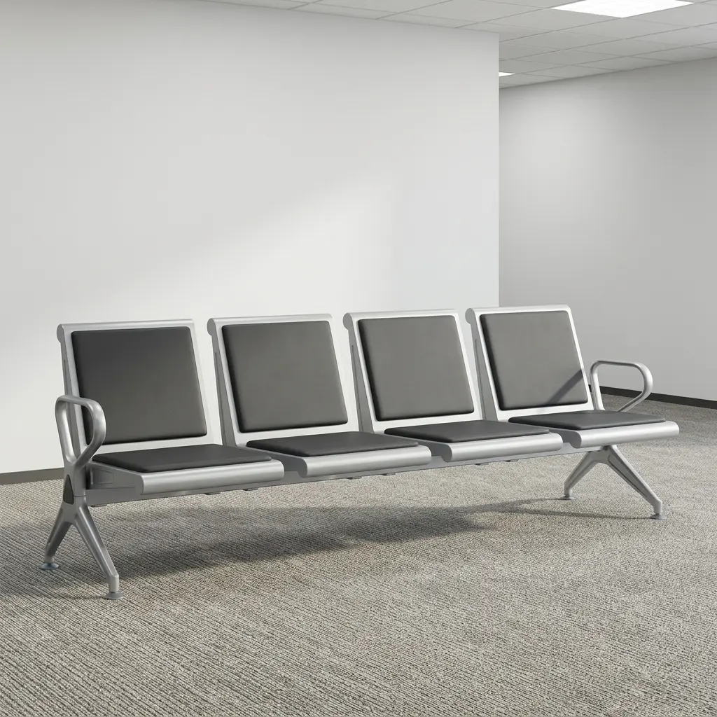 Four-seater waiting bench featuring four contoured seats with black padded faux leather cushions, a silver powder-coated metal frame, curved metallic armrests, and a heavy-duty beam structure supported by angled metal legs.