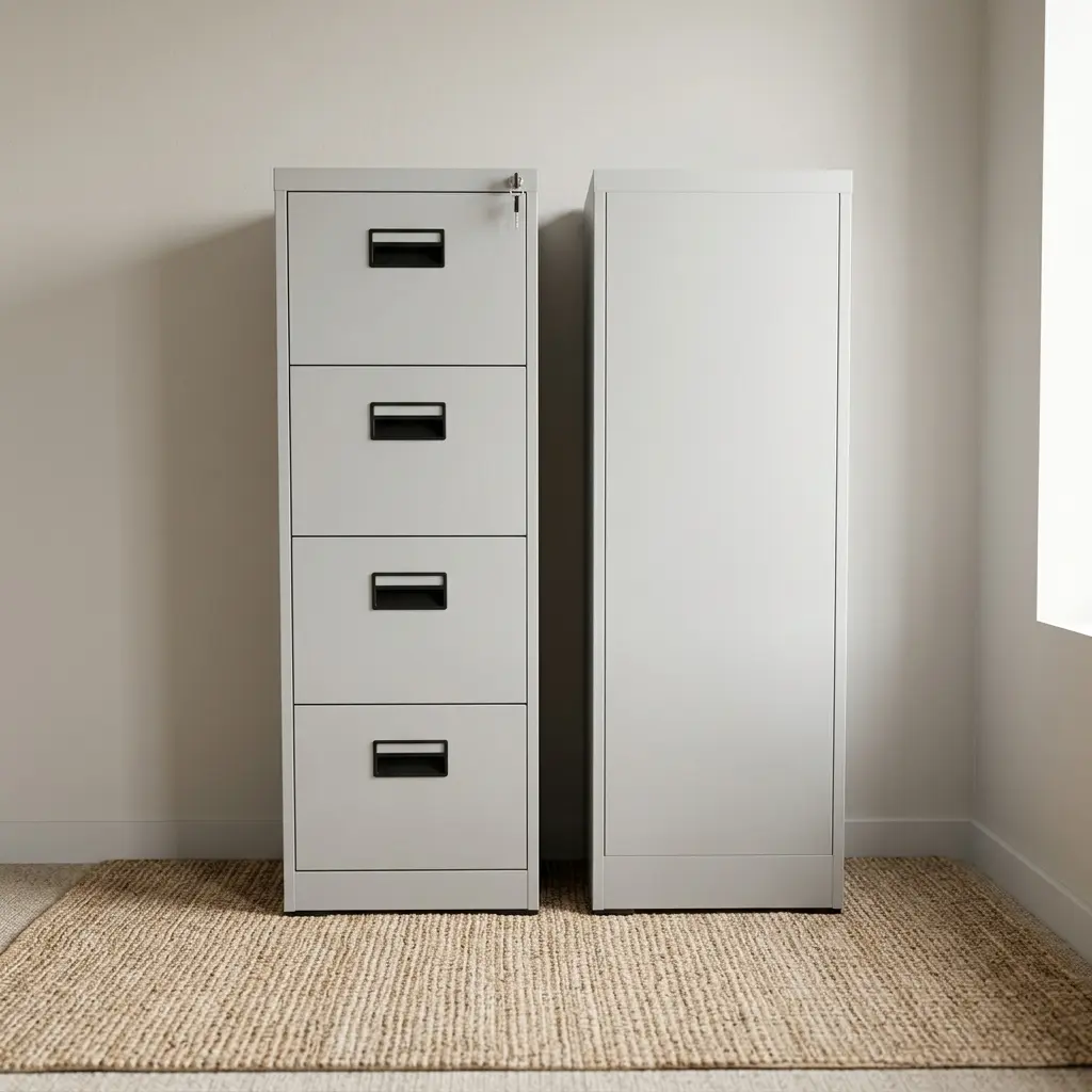 Steel 4-drawer file cabinet featuring a durable metal body in a powder-coated light grey finish, four full-extension filing drawers with integrated black recessed handles, individual label slots, and a top-right security lock.
