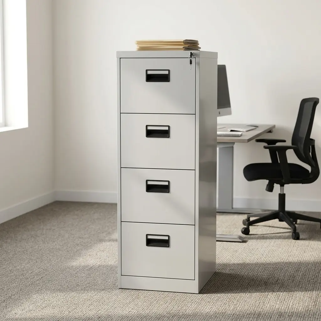 Steel 4-drawer file cabinet featuring a durable metal body in a powder-coated light grey finish, four full-extension filing drawers with integrated black recessed handles, individual label slots, and a top-right security lock.