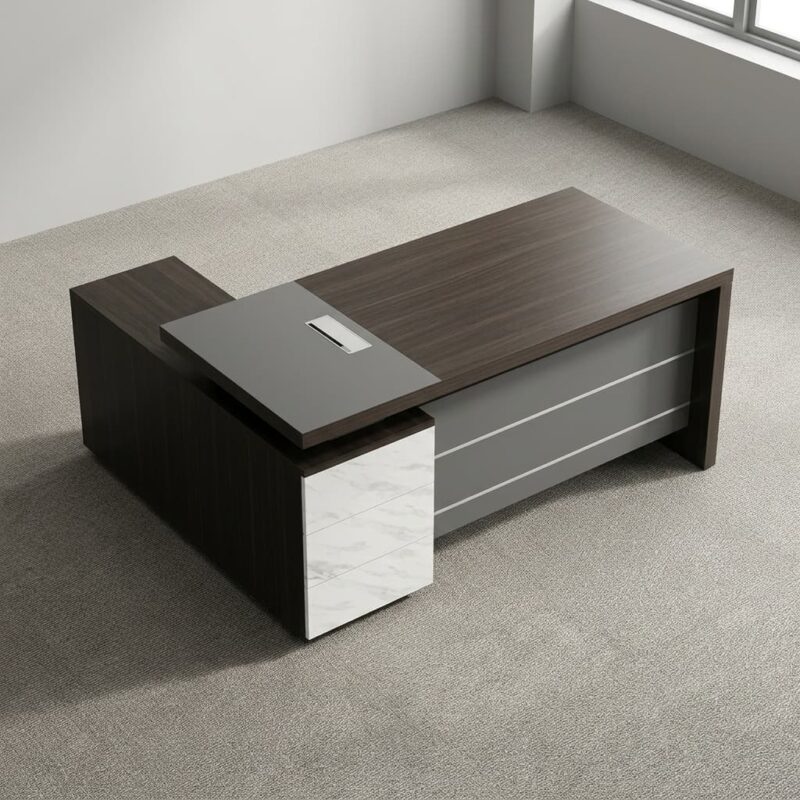 1.6 meters L-shaped executive desk featuring a dark espresso wood-grain finish, a matte grey desktop extension panel with an integrated flip-up cable grommet, a front modesty panel with horizontal grey accents, and an attached side return cabinet with three white faux-marble front lockable drawers and open storage shelving.