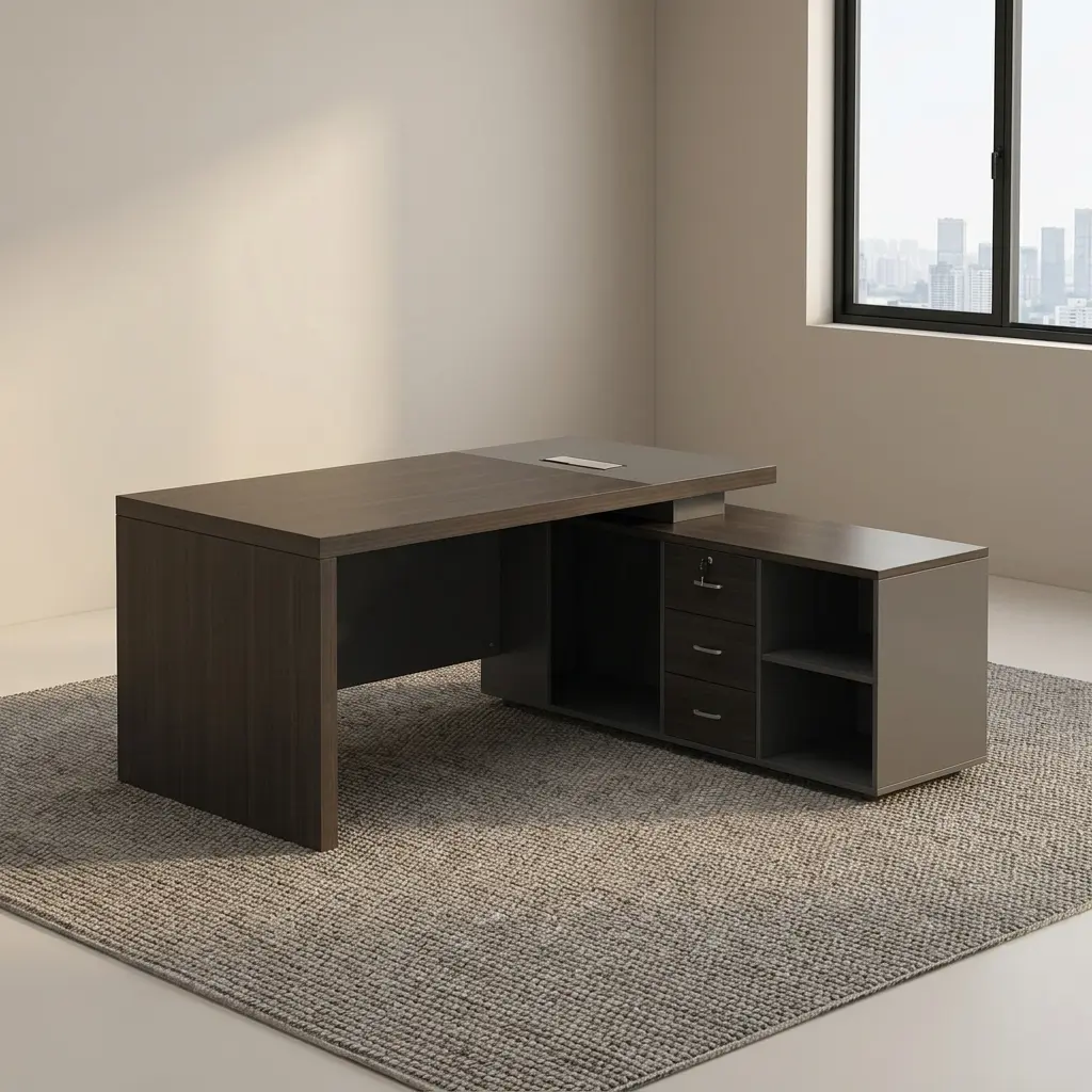 1.6 meters L-shaped executive desk featuring a dark espresso wood-grain finish, a matte grey desktop extension panel with an integrated flip-up cable grommet, a front modesty panel with horizontal grey accents, and an attached side return cabinet with three white faux-marble front lockable drawers and open storage shelving.