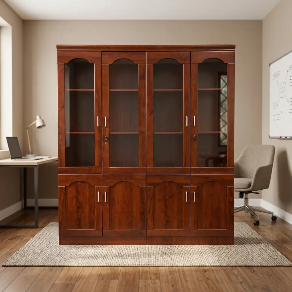 4-door wooden filing cabinet featuring a warm mahogany wood finish, upper display sections with four arched glass-front doors and interior shelving, lower storage compartments with four matching solid wooden doors, and sleek metallic vertical handles.
